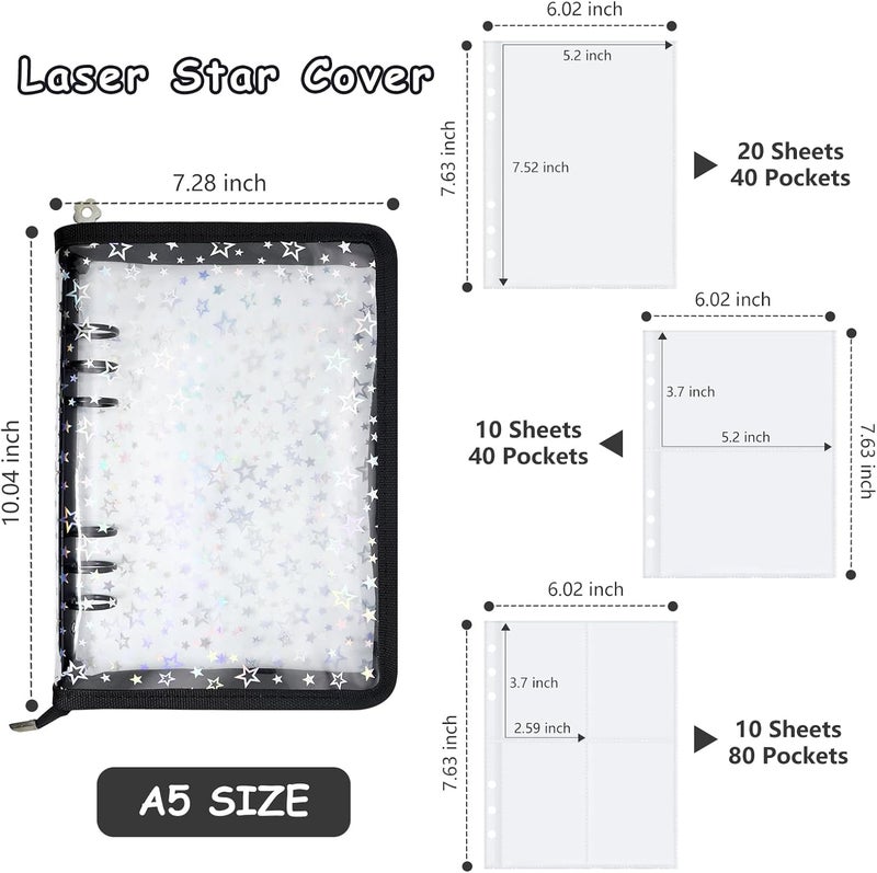 Ruatu Sticker Storage Organizer Binder A5 Sticker Collecting Book Reusable Zipper Album with Clear Laser Star Cover and Pocket Pages (Black) - Image 5